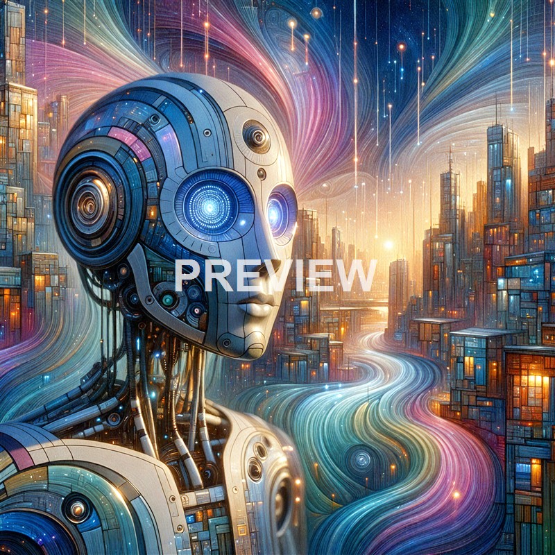 A futuristic robotic humanoid with illuminated blue eyes stands amidst a vibrant, glowing cityscape with tall buildings and swirling colorful lights in the sky.
